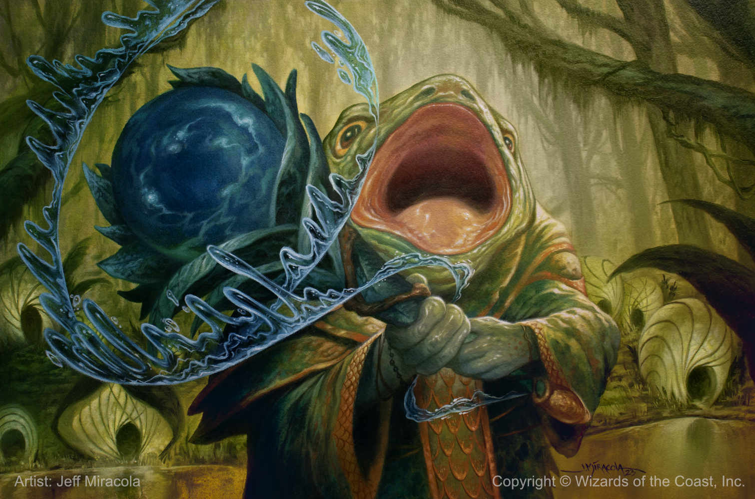 Bellowing Crier for Magic the Gathering's Bloomburrow set. Image shows a frog wizard holding a magical staff and screaming with wide open mouth.