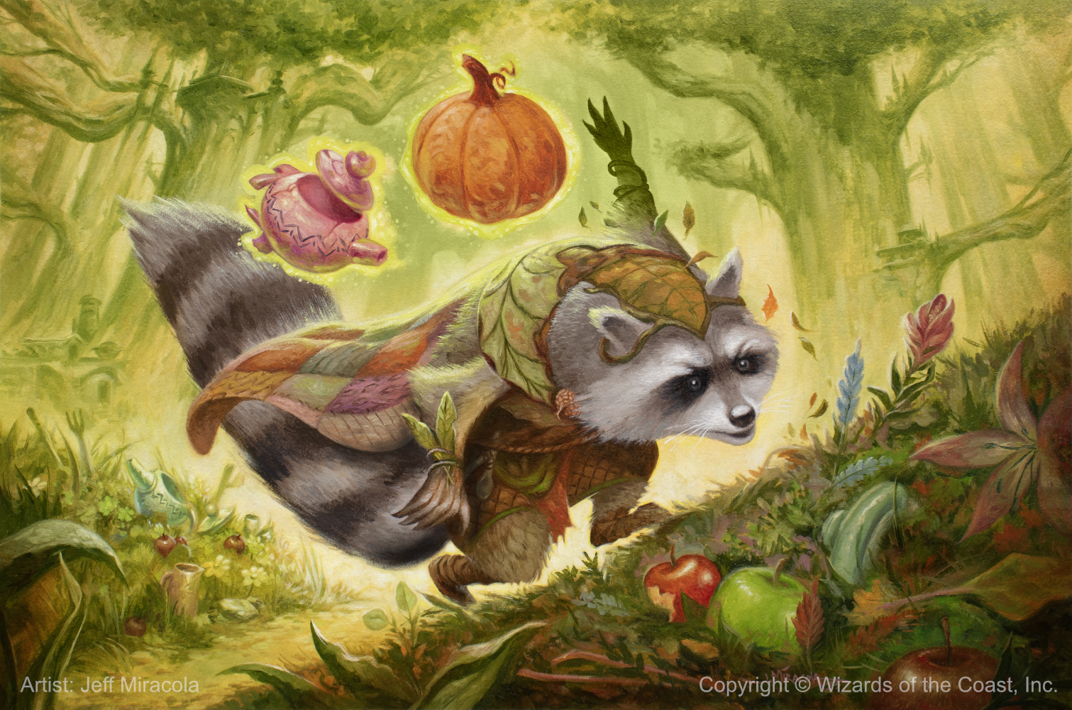 Peerless Recycling art for Magic the Gathering's Bloomburrow set. Image shows racoon sifting through compost heap.